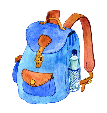 watercoolor blue school backpack, hand drawn illustrationの写真素材