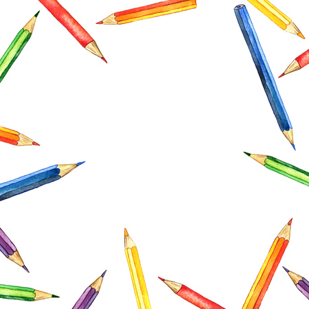 background with color pencis, school stationery, watercolor drawing template, set of art supplies, hand drawn illustrationの写真素材