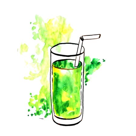 glass with natural green fresh fruit juice, hand drawn watercolor illustrationの写真素材