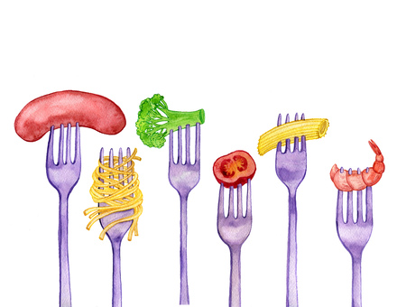 watercolor drawing forks with foods, spaghetti,broccoli,sausage and shrimp isolated at white...