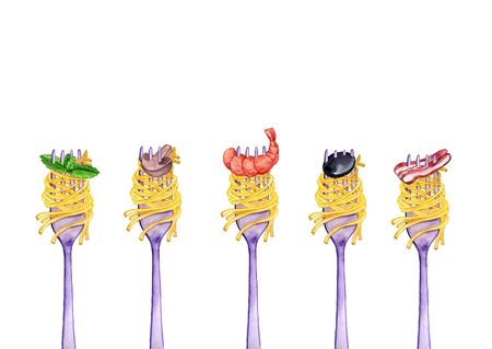 watercolor drawing forks with foods, spaghetti with shrimp,cheese,mushroom,bacon and olive, isolated...