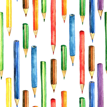 seamless background with color pencis, pattern with school stationery, watercolor drawing template with of art supplies, hand drawn illustrationの写真素材