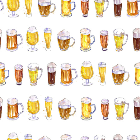 seamless pattern with watercolor mugs and glasses of beer, alcohol drinks ornament, octoberfest background, hand drawn illustration,oktoberfest templateの写真素材