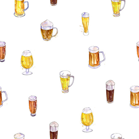 seamless pattern with watercolor mugs and glasses of beer, alcohol drinks ornament, octoberfest background, hand drawn illustration,oktoberfest templateの写真素材