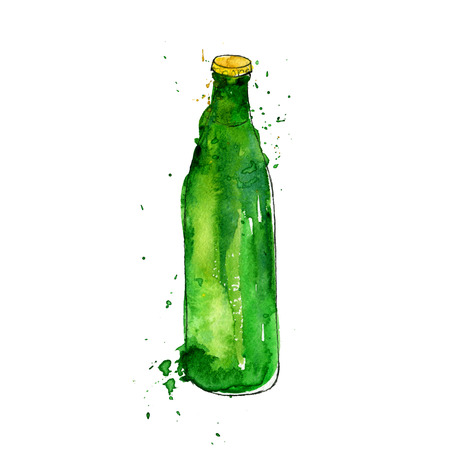 watercolor green bottle of beer, alcohol drink, hand drawn illustrationの写真素材