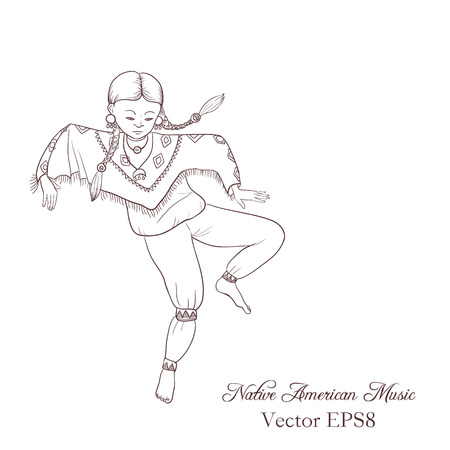 native american, dancing indian girl in traditional costume, hand drawn illustrationのイラスト素材