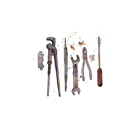 hand drawn instruments isolated at white background, adjustable wrench, tool kit, vintage ink and...