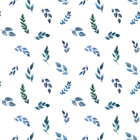 seamless pattern with abstract blue watercolor leaves and branches at white background, hand drawn...