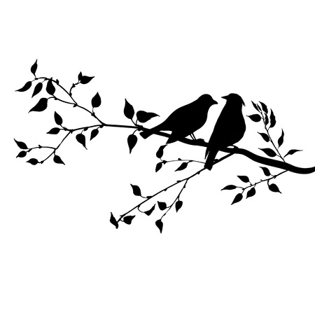vector silhouettes of birds at tree, hand drawn songbirds at branch, Valentine symbol, a pair of lovers, isolated vector elementのイラスト素材