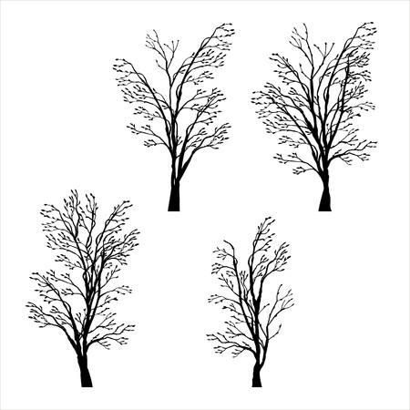 set of trees silhouettes with leaves, spring twigs,isolated hand drawn vector elementsのイラスト素材