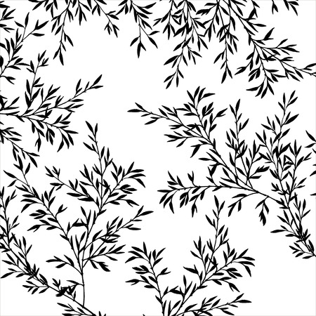 tree branches with leaves, nature background with bamboo shoots, hand drawn vector illustration, forest backdropのイラスト素材