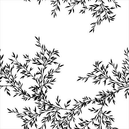 seamless pattern with tree branches with leaves, nature background with bamboo shoots, hand drawn vector illustration, forest ornamentのイラスト素材
