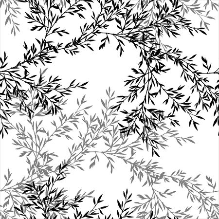 seamless pattern with tree branches with leaves, nature background with bamboo shoots, hand drawn vector illustration, forest ornamentのイラスト素材