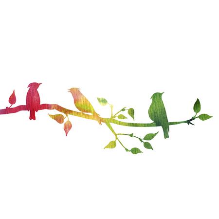 silhouettes of birds at tree, hand drawn waxwings at branch of wild apple tree, color nature backgroundの写真素材