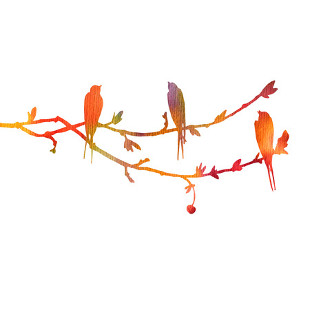 silhouettes of birds at tree, hand drawn swallows at branch, color nature backgroundの写真素材