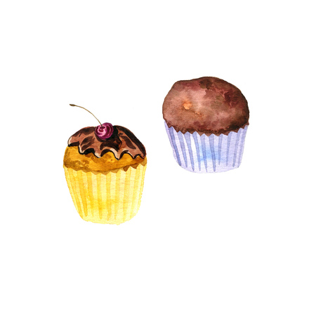 chocolate and glazed cupcakes with cherry drawing in watercolor, sweet bakery isolated at white background, hand drawn illustrationの写真素材