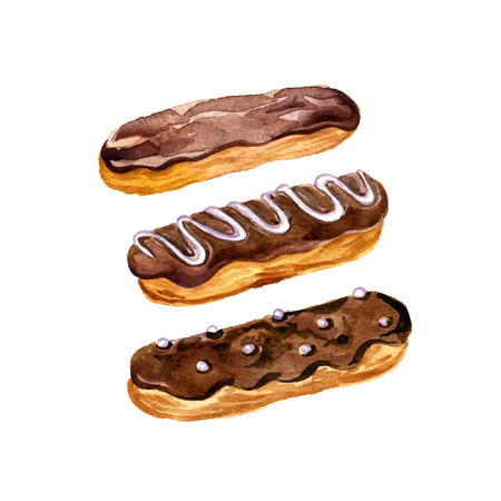chocolate glazed eclairs drawing in watercolor, sweet cakes, bakery isolated at white background, hand drawn illustrationの写真素材