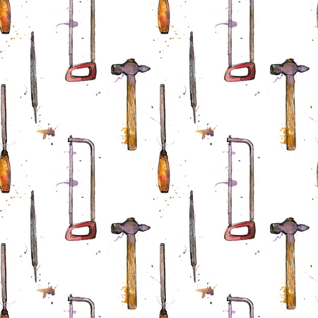 seamless pattern with hand drawn tool kit at white background, shacksaw, adjustable wrench, hammer, pliers and chisel, vintage ink drawing illustration, craft ornamentの写真素材