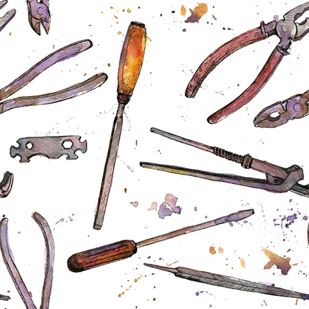 seamless pattern with hand drawn tool kit at white background, shacksaw, adjustable wrench, hammer, pliers and chisel, vintage ink drawing illustration, craft ornamentの写真素材