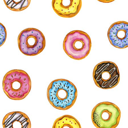 seamless pattern with watercolor donuts with glaze and chocolate isolated at white background, hand drawn illustrationの写真素材