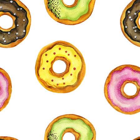 seamless pattern with watercolor donuts with glaze and chocolate isolated at white background, hand drawn illustrationの写真素材