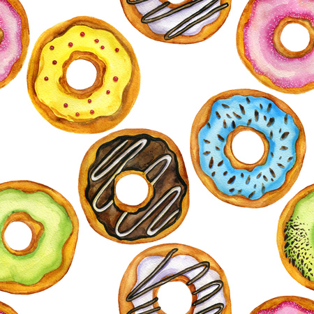 seamless pattern with watercolor donuts with glaze and chocolate isolated at white background, hand drawn illustrationの写真素材