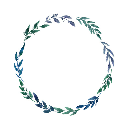 round frame abstract blue watercolor leaves and branches at white background, floral wreath, hand drawn natural templateの写真素材