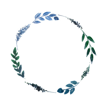 round frame abstract blue watercolor leaves and branches at white background, floral wreath, hand drawn natural templateの写真素材