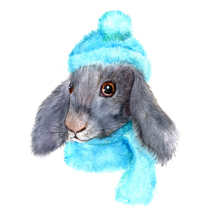 watercolor little cute rabbit with knitted cap and scarf, hand drawn illustration, winter symbolの写真素材