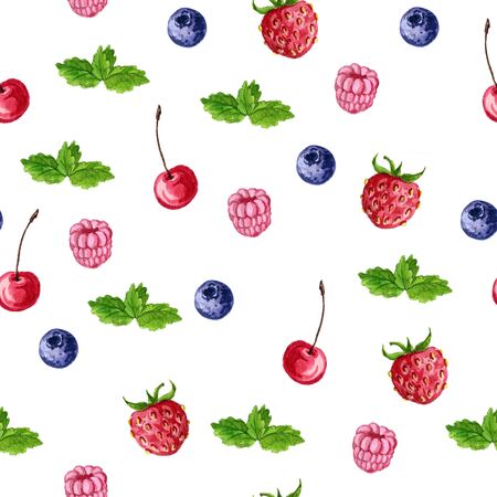 seamless pattern with watercolor berries and mint leaves, strawberries and raspberries, cherries and blueberries at white background,hand drawn food illustrationの写真素材