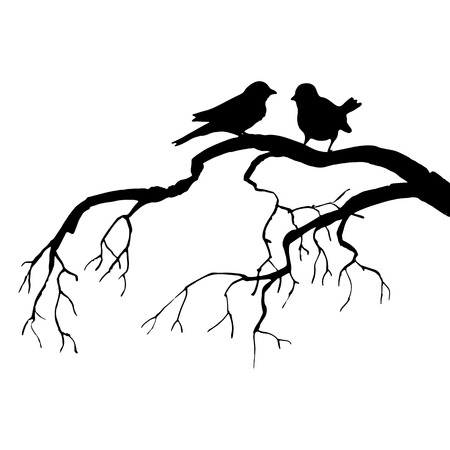 vector silhouettes of birds at tree, hand drawn songbirds at branch, Valentine symbol, a pair of lovers, isolated vector elementのイラスト素材