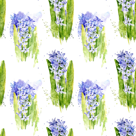 seamless pattern with watercolor blue hyacinth flowers with stalks and leaves, art painting background, floral ornamentの写真素材