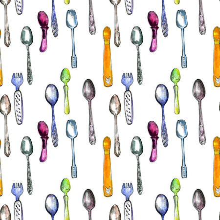 seamless pattern with spoons nd forks drawing by watercolor and ink, hand drawn illustration, artistic painting backgroundの写真素材