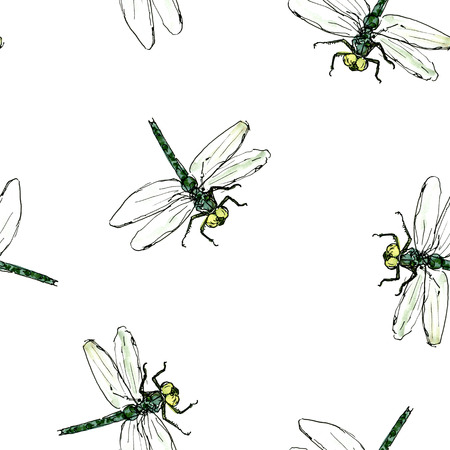 seamless pattern with watercolor drawing insects, artistic painting background with dragonflies,hand drawn illustrationの写真素材