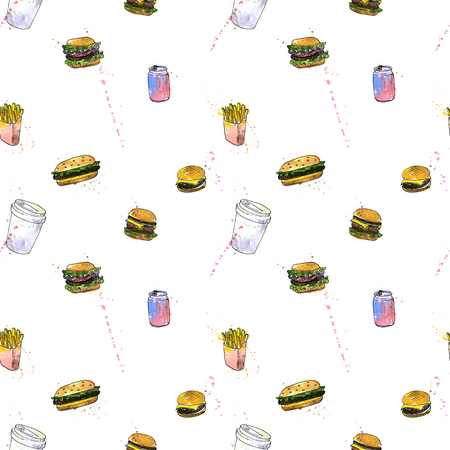 seamless pattern with fast food drawing by watercolor, artistic painting background, hand drawn illustrationの写真素材