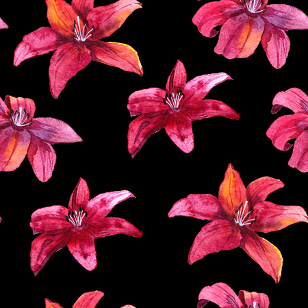 seamless pattern with red lily flowers drawing by watercolor at black background, artistic painting floral ornament, hand drawn illustrationの写真素材