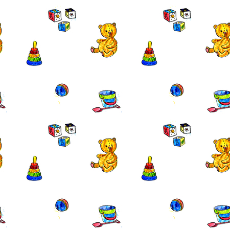 seamless pattern with watercolor drawing baby toys, teddy bear,ball and cubes, hand drawn illustrationの写真素材