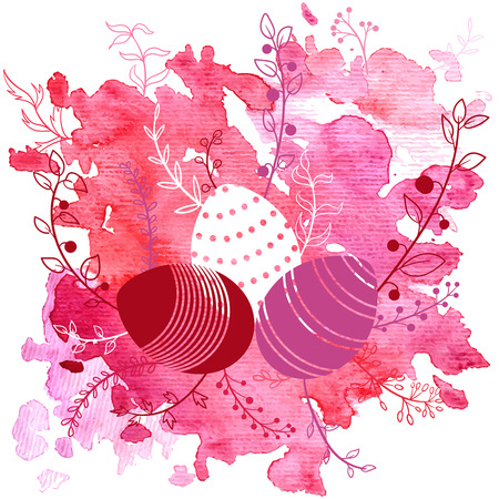 vector easter background with colored eggs, red and pink watercolor and floral elements, template for gift cardのイラスト素材