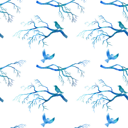 seamless pattern with blue watercolor birdsの写真素材