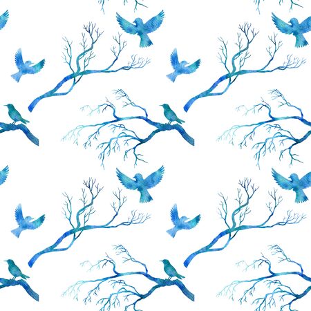 seamless pattern with blue watercolor birdsの写真素材
