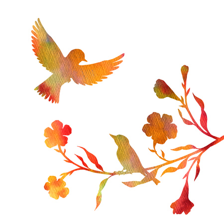 watercolor birds at tree silhouettesの写真素材