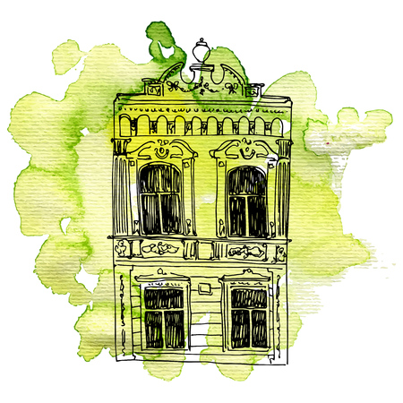 vector house at watercolor backgroundのイラスト素材