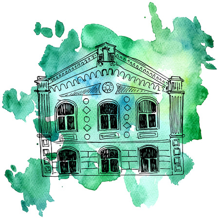 vector house at watercolor backgroundのイラスト素材