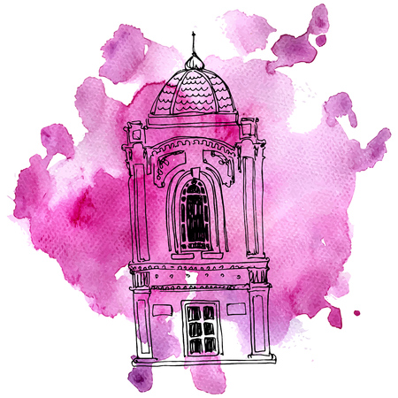 vector house at watercolor backgroundのイラスト素材