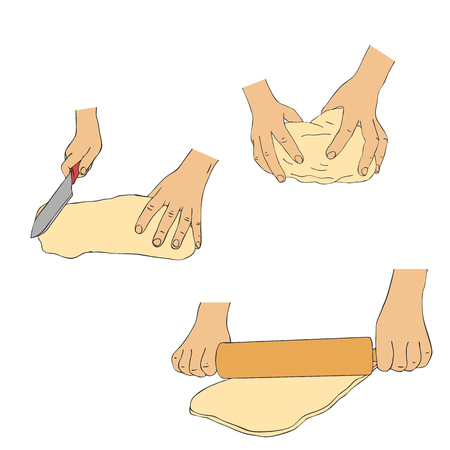 hands knead dough, line drawing isolated symbols at white backgroundのイラスト素材