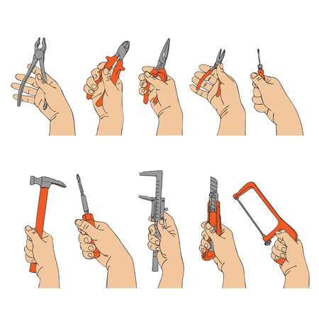 vector set of hands with different instruments, hand drawn line illustrationのイラスト素材