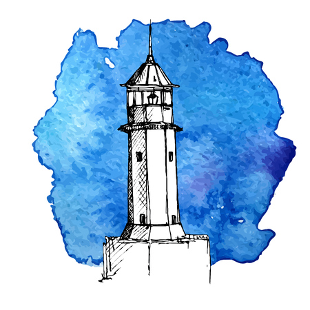 vector sketch of lighthouse at blue watercolor background, hand drawn illustrationのイラスト素材