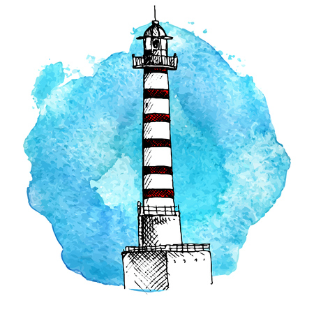 vector sketch of lighthouse at blue watercolor background, hand drawn illustrationのイラスト素材