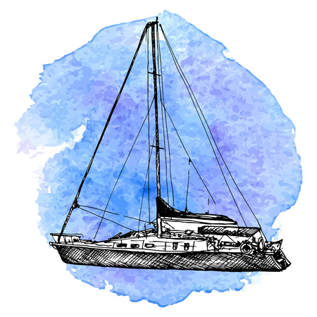 vector sketch of yacht at blue watercolor background, hand drawn illustrationのイラスト素材