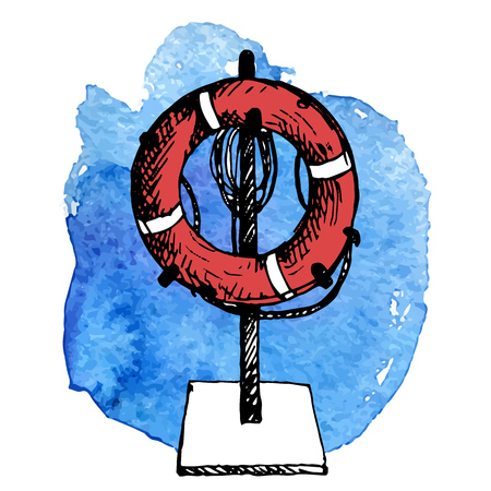 sketch of life buoy at blue watercolor background, hand drawn illustrationのイラスト素材